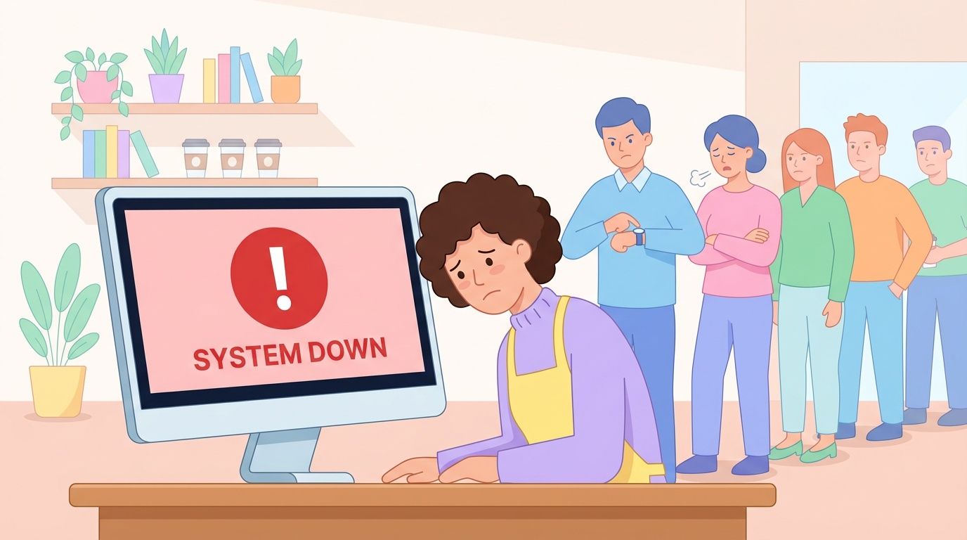 An office worker looking stressed in front of a computer screen displaying a system down error message.