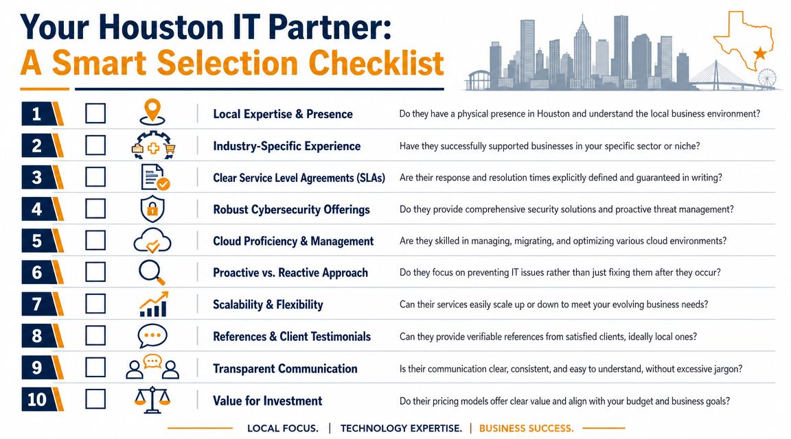 A checklist for choosing an IT partner in Houston, outlining key criteria like experience, cybersecurity, and communication.