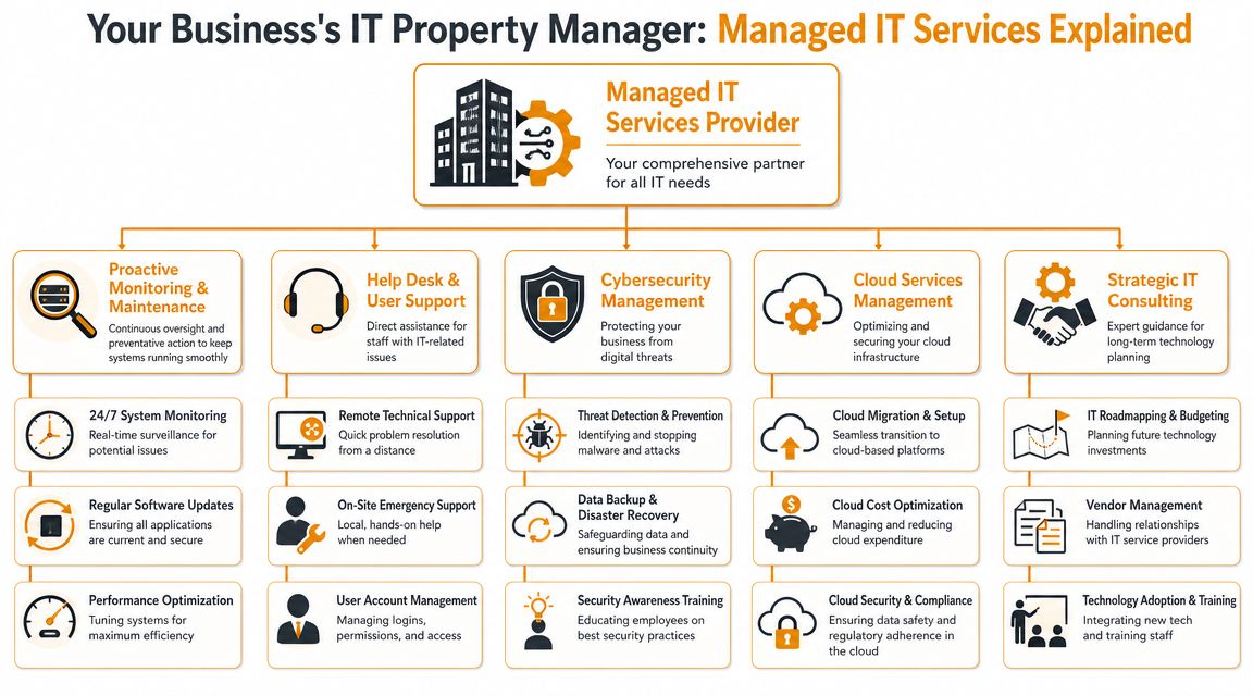 A diagram illustrating the various responsibilities of a Managed IT Services Provider for business technology management.