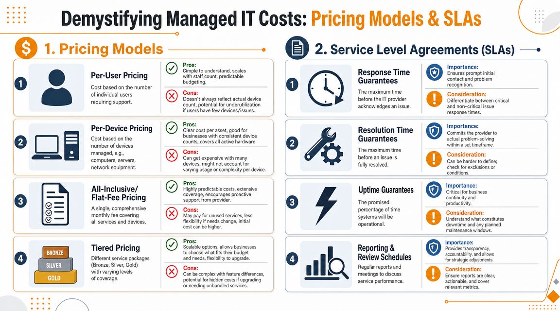 An infographic detailing four Managed IT pricing models and four common service level agreement performance guarantees.