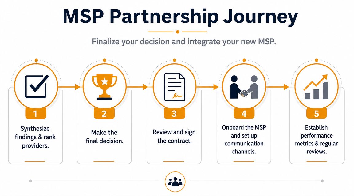 A flowchart showing the five steps of the MSP partnership journey to finalize and integrate new service providers.