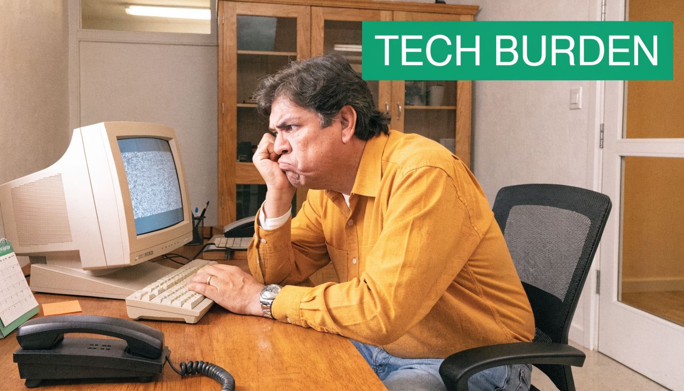 A frustrated man sits at an office desk staring at an old, malfunctioning computer monitor with static.