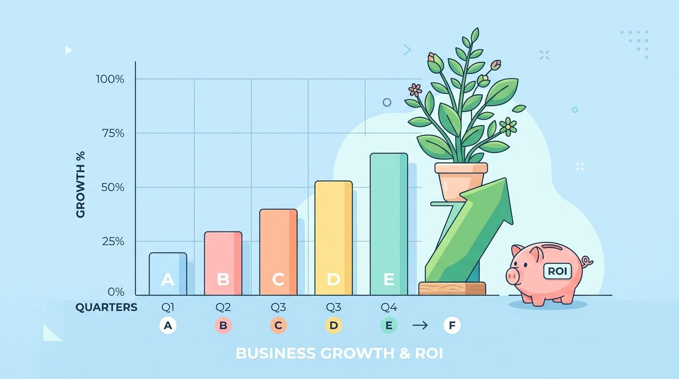 A bar chart showing business growth across four quarters with a piggy bank representing financial return.