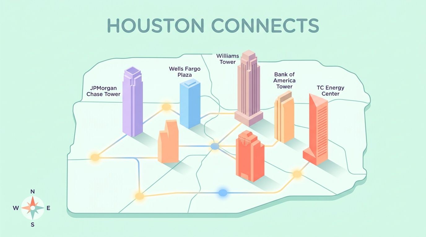 A stylized map titled Houston Connects showing a network of major skyscrapers connected by colored lines.