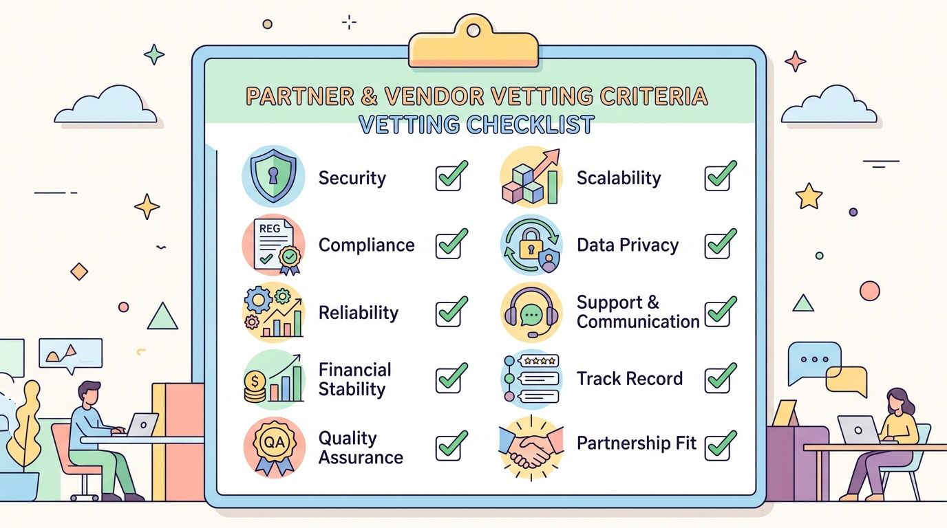 A clipboard graphic titled Partner and Vendor Vetting Criteria listing ten essential business evaluation categories with checkmarks.
