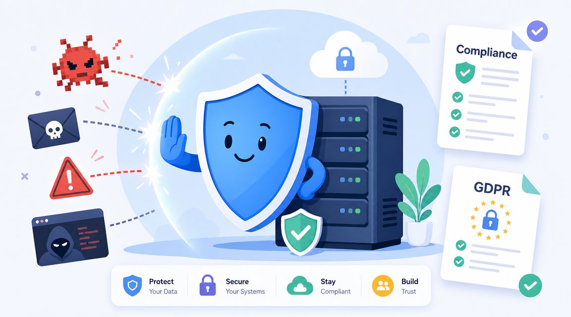 A friendly shield character protecting a server from various cyber threats including malware and hacking attempts.