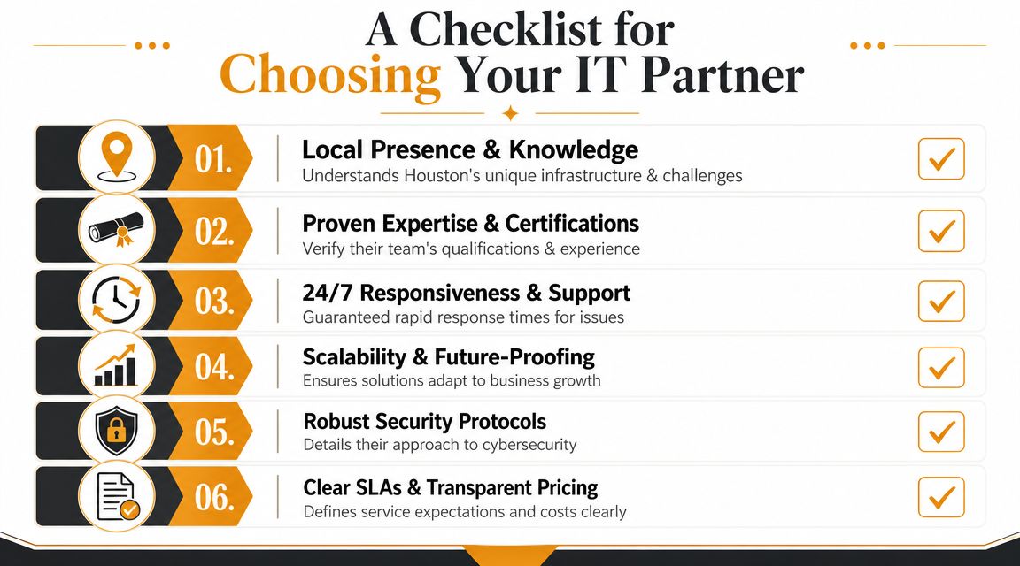 A checklist for choosing an IT partner, highlighting six key factors for business technology support services.
