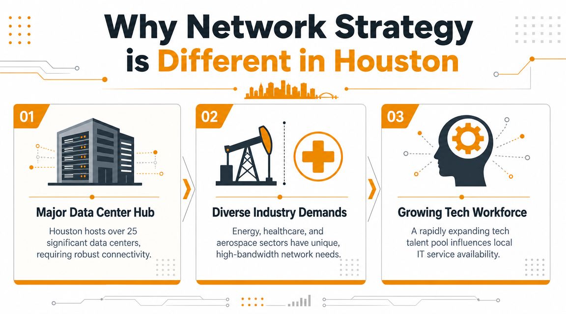 An infographic titled Why Network Strategy is Different in Houston highlighting data centers, diverse industries, and tech workforce.