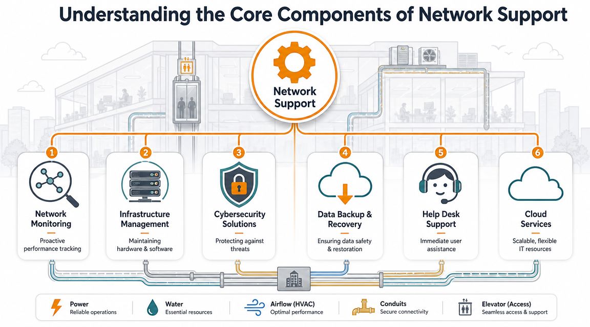 An infographic detailing six core components of network support, including infrastructure, cybersecurity, and cloud services for businesses.