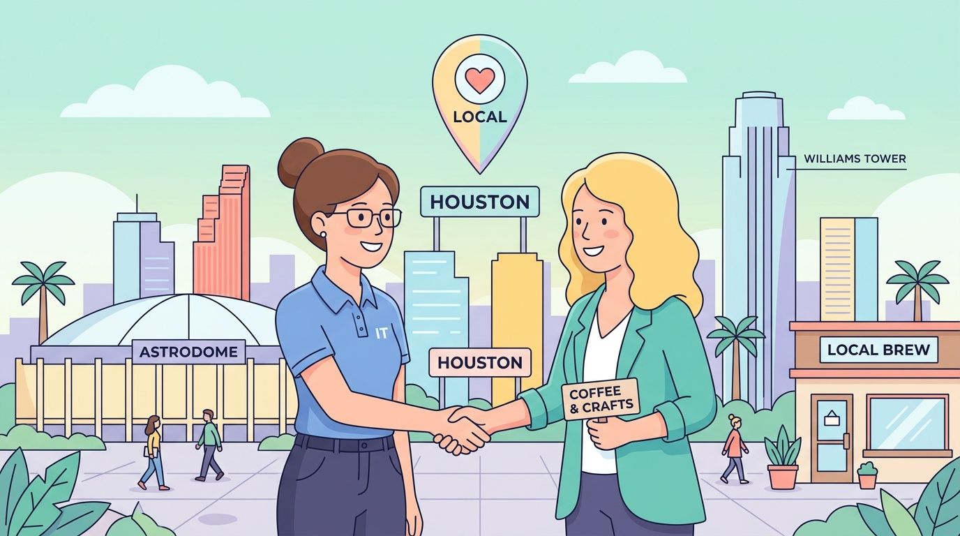 Two professional women shaking hands in front of Houston landmarks, representing local IT support and business collaboration.