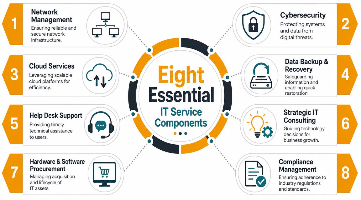 An infographic detailing eight essential IT service components, including networking, security, cloud services, and technical support.