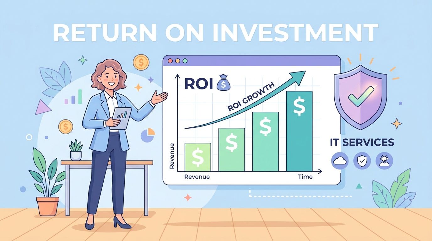 A professional woman presenting a bar chart showing rising ROI growth for IT services business concept.