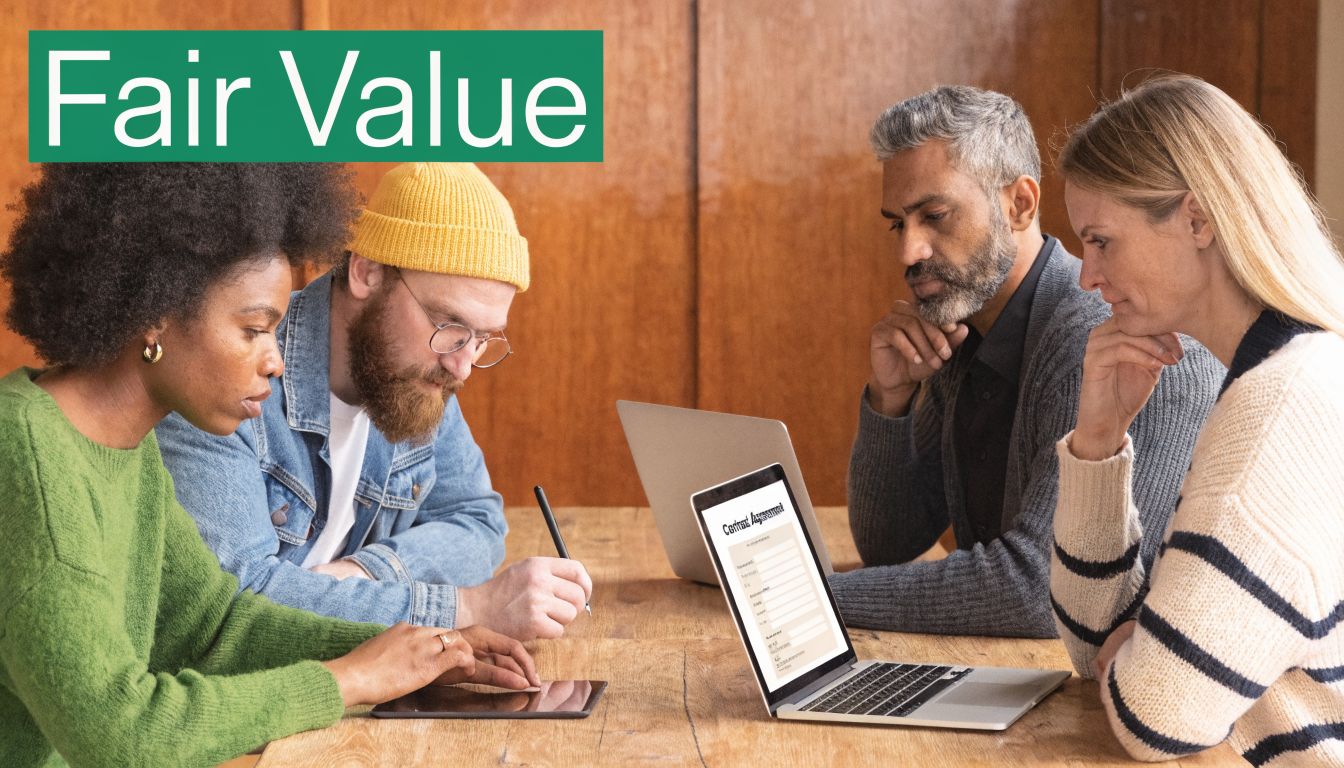 A diverse team of professionals collaboratively reviewing a digital contract agreement on a laptop at a table.