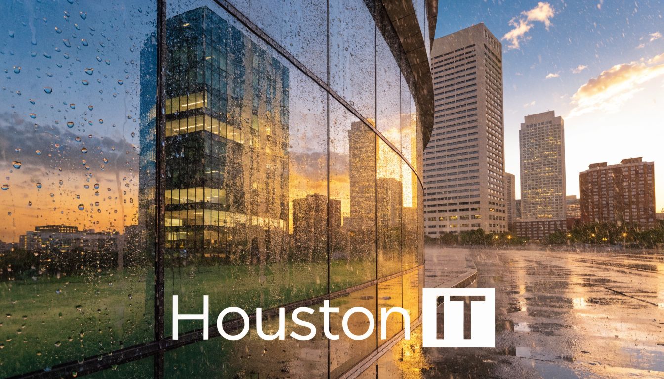 Raindrops on a modern glass building reflecting a beautiful Houston city skyline during sunset.