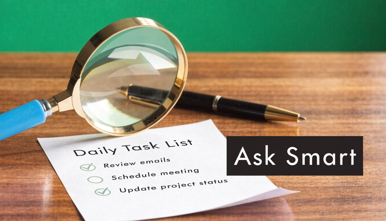 A magnifying glass resting on a daily task list paper with a pen on a wooden desk.