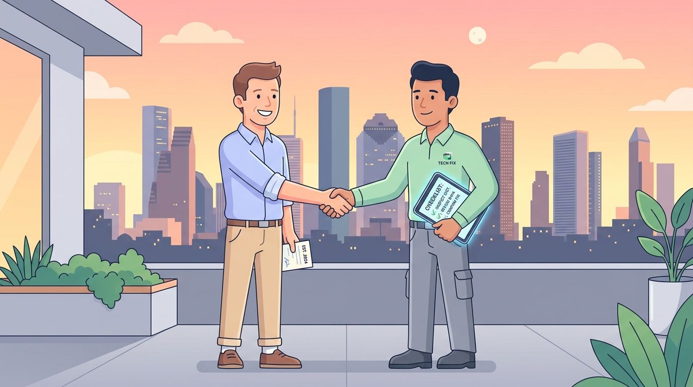 A professional handshake between two people in front of a city skyline with a digital checklist.