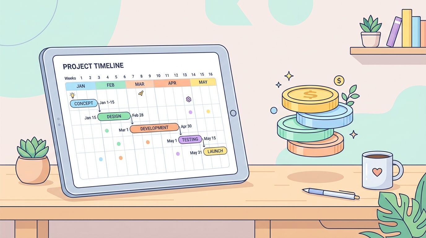 A digital tablet displaying a detailed project timeline on a desk alongside coins and office supplies.