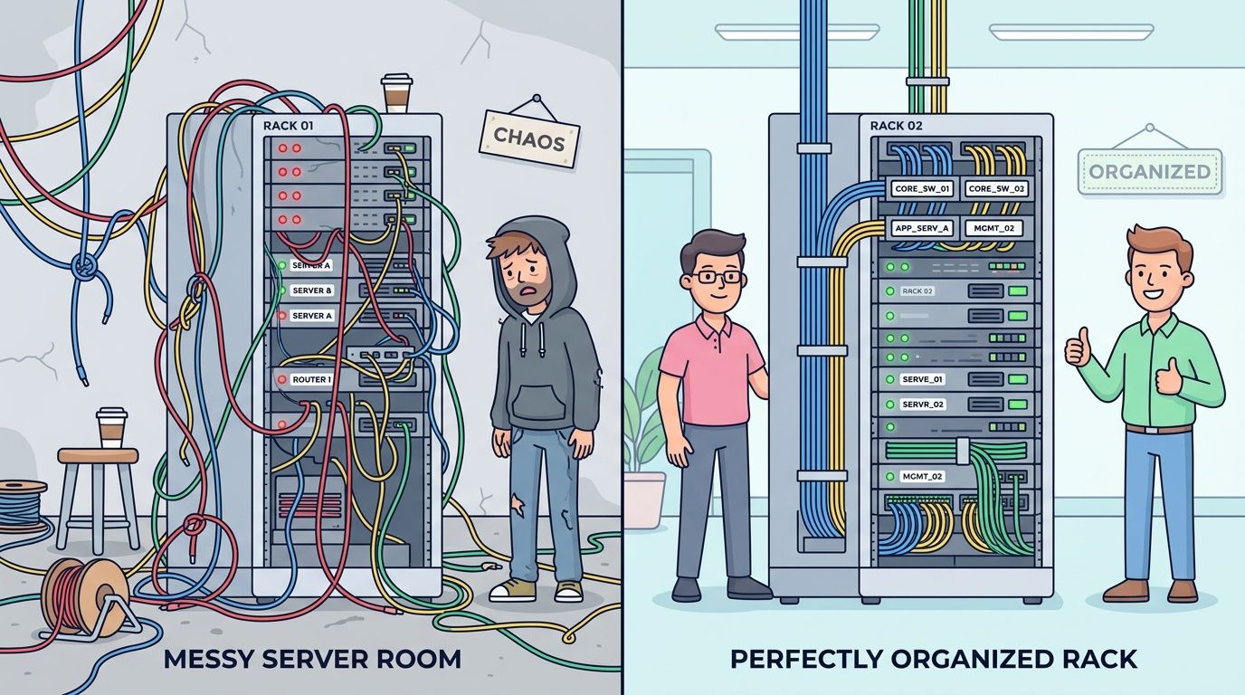 A split image comparing a disorganized server room with a tangled mess against a neat, perfectly organized rack.