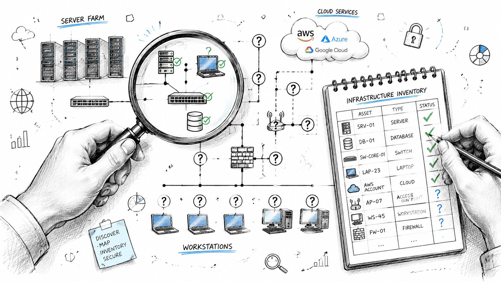 An artistic sketch illustrating the auditing of IT systems through discovery, mapping, inventory, and security checks.