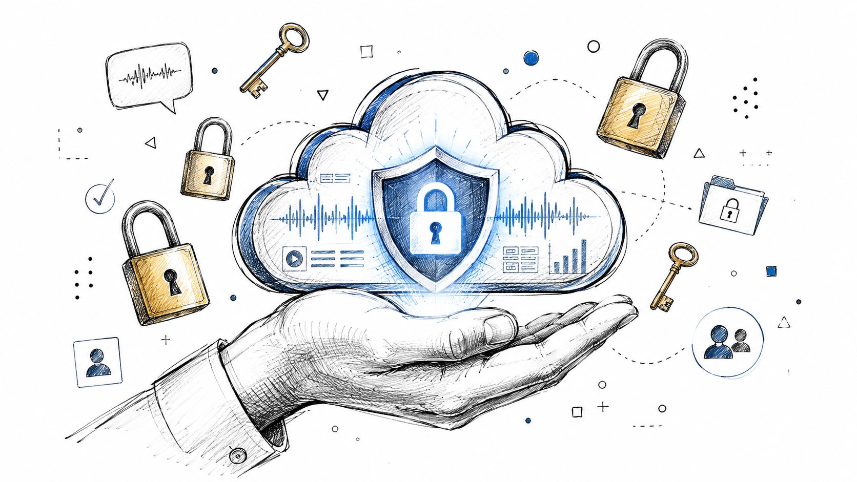 A hand holding a digital cloud icon with a shield and padlock, representing secure business call recording.