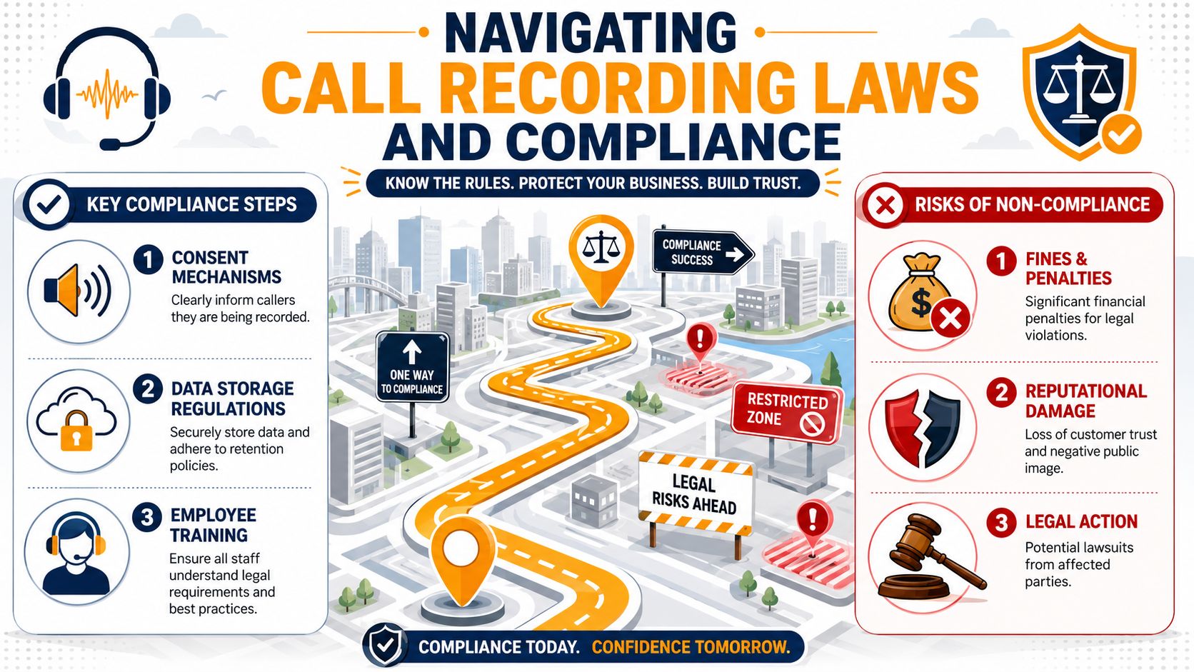 An infographic titled Navigating Call Recording Laws and Compliance illustrating compliance steps and potential risks of non-compliance.