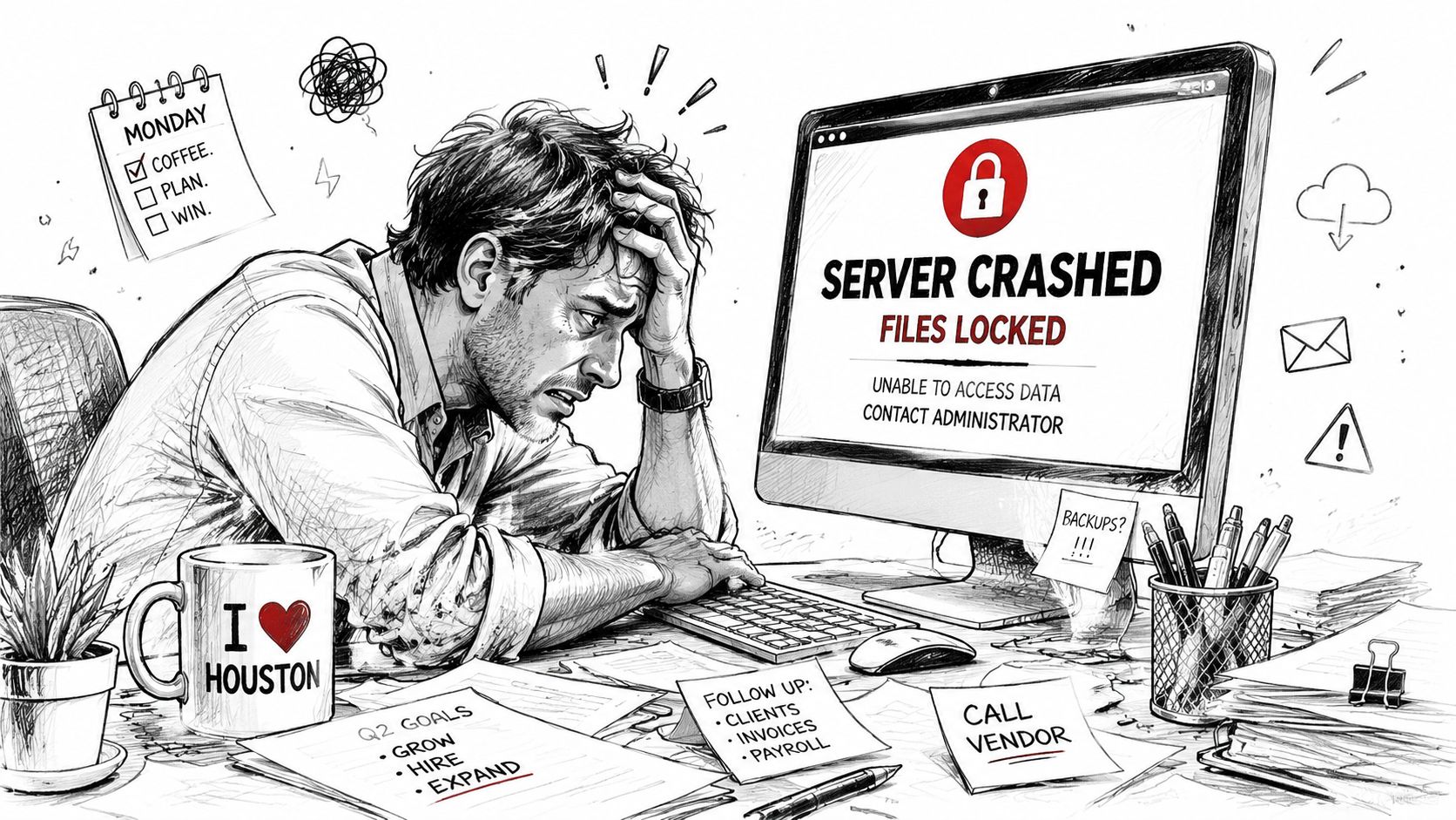 Stressed office worker looking at a computer screen displaying a server crashed and files locked error message.