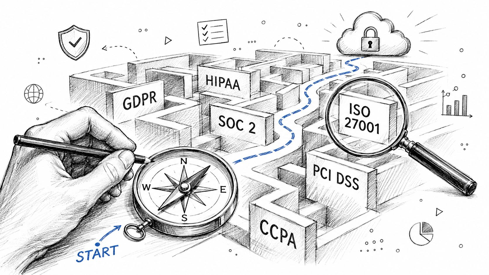 A hand drawing a path through a maze representing various data security compliance standards and regulations.