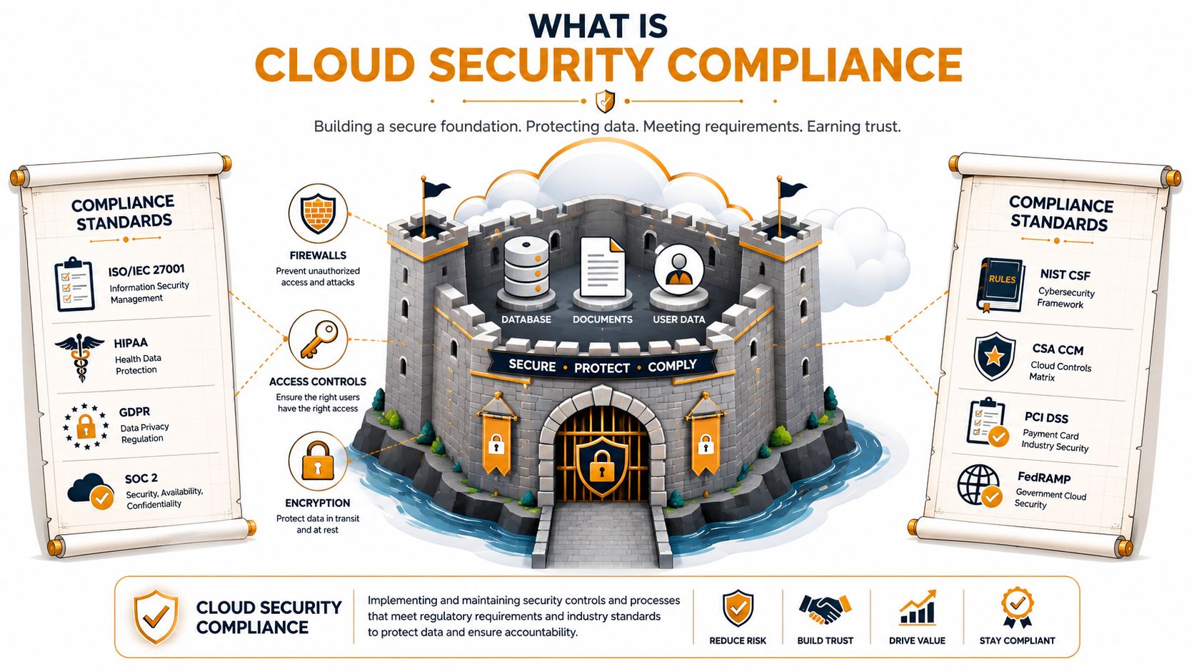 An infographic illustration explaining cloud security compliance, featuring a castle fortress representing protected data and various industry standards.