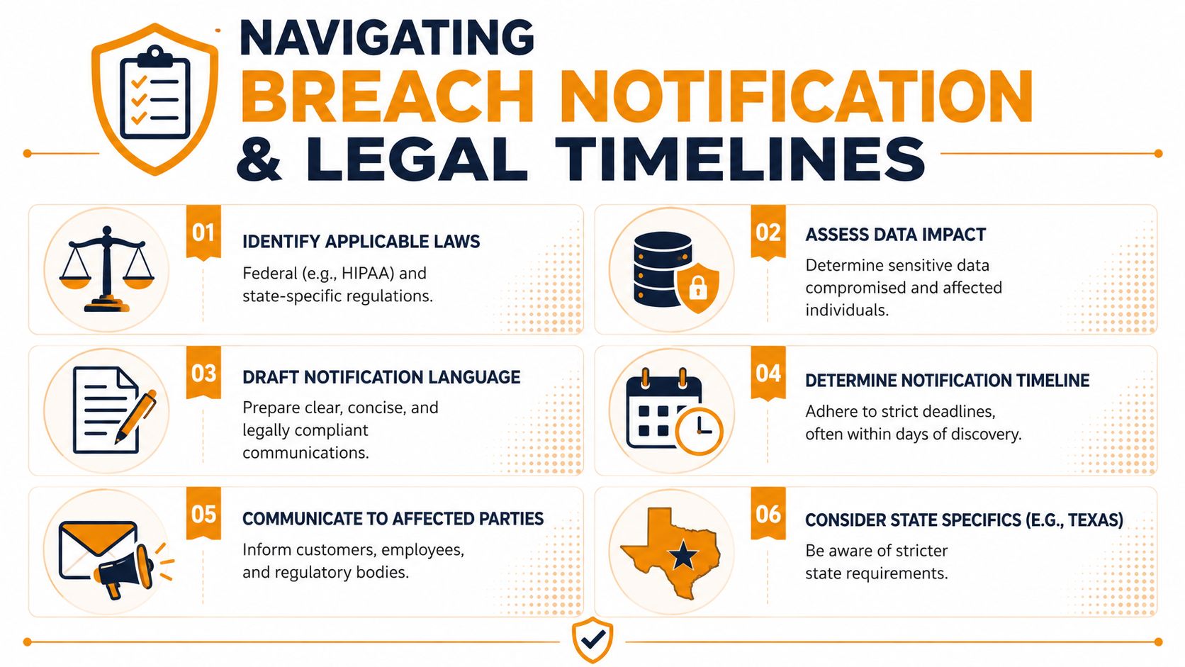 A six-step infographic detailing the essential procedures for navigating data breach notification and legal timelines.