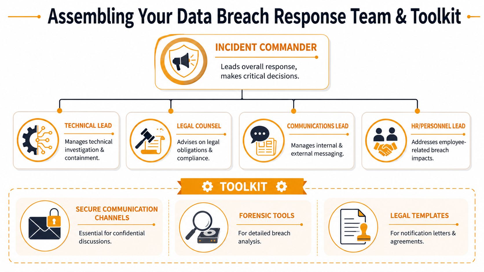 An organizational chart showing team roles and a toolkit for managing a corporate data breach incident.