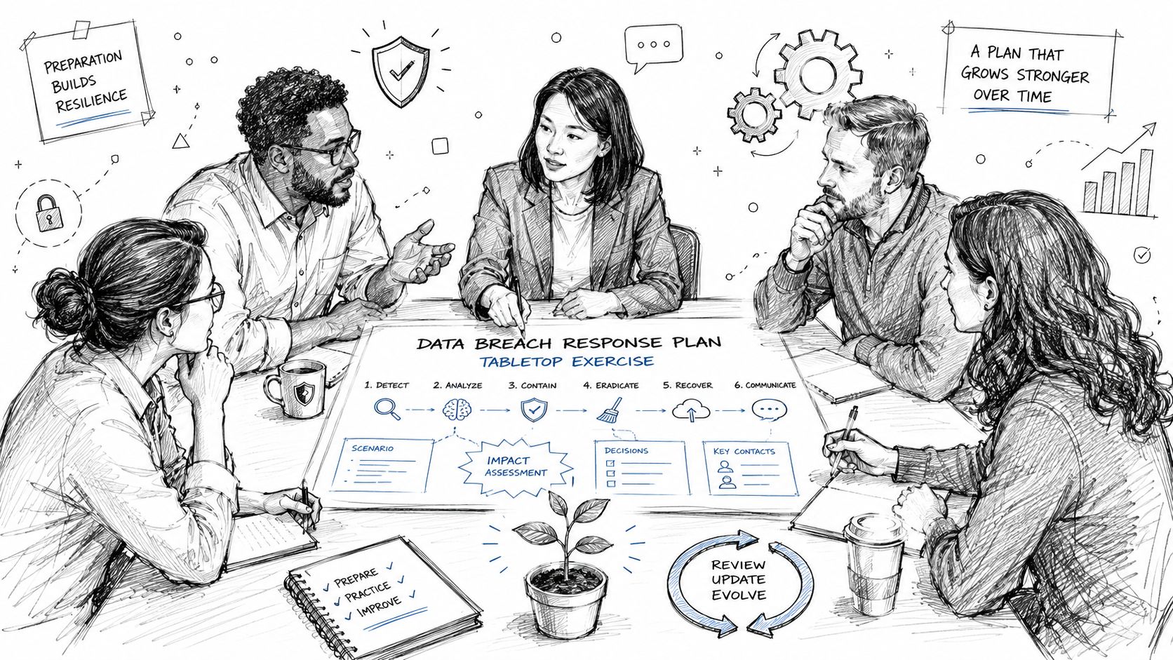 A diverse team collaborating around a table during a data breach response plan tabletop exercise session.