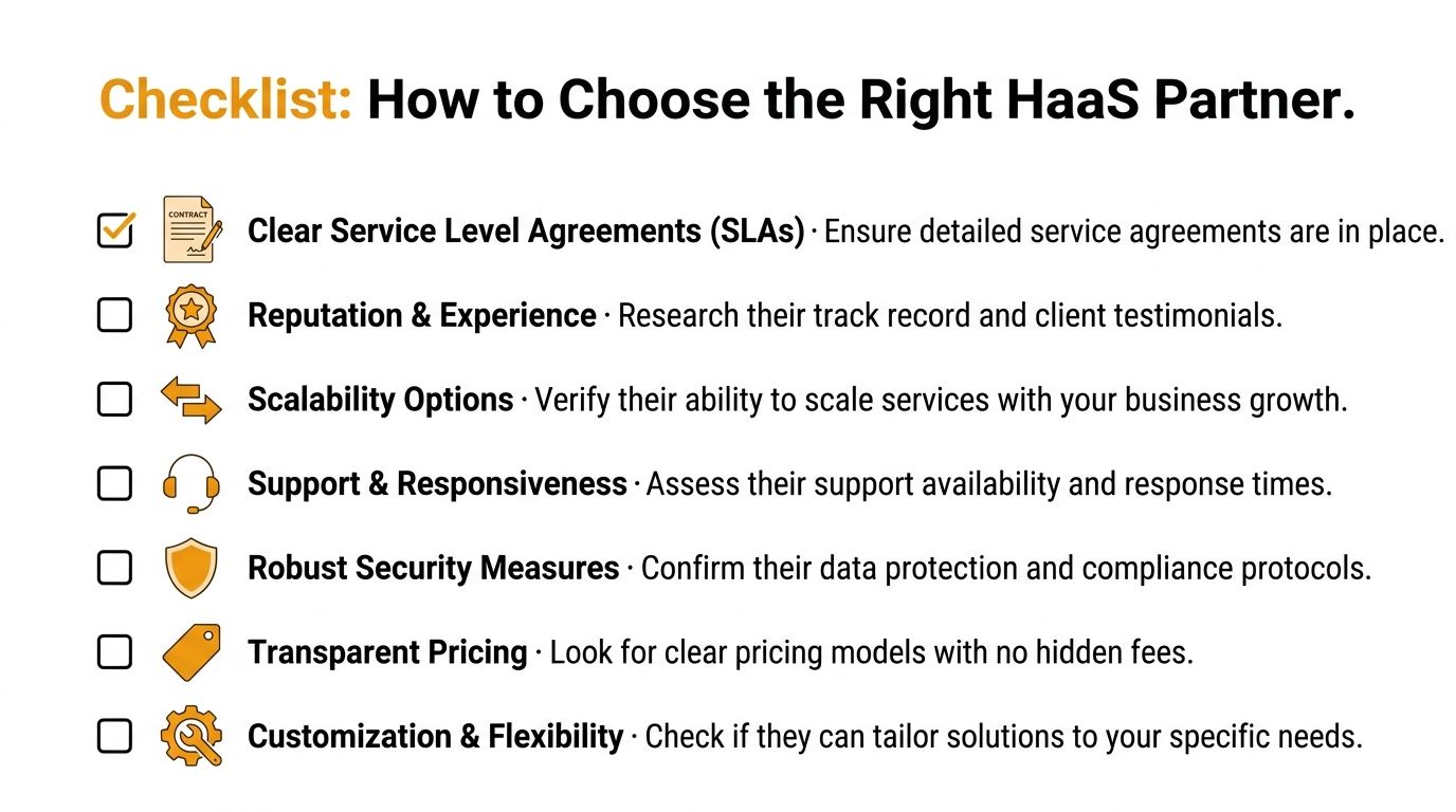 A checklist for choosing a Hardware as a Service provider, including SLAs, reputation, and security.