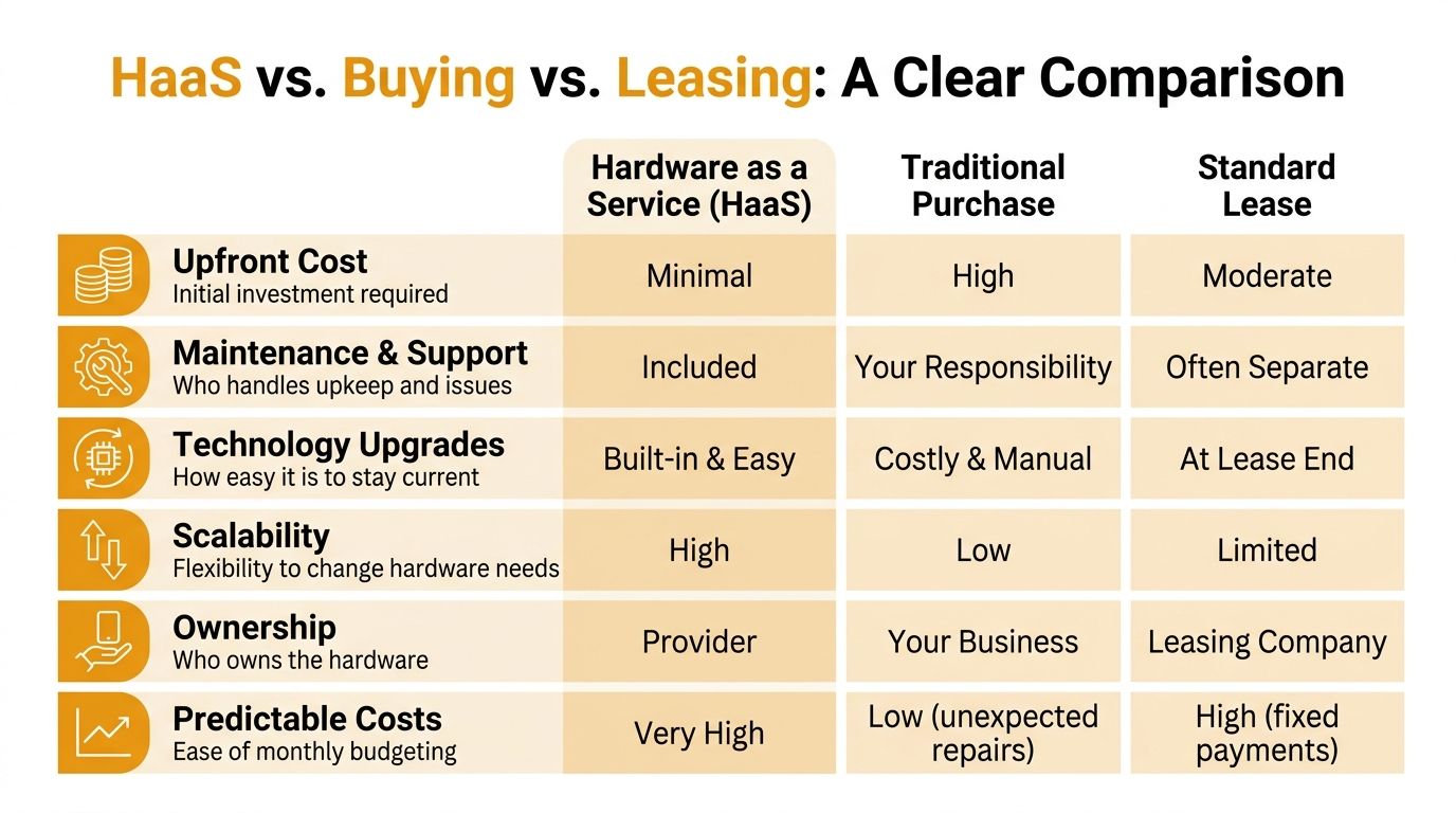 A comparison chart showing the benefits of hardware as a service versus buying or leasing equipment.