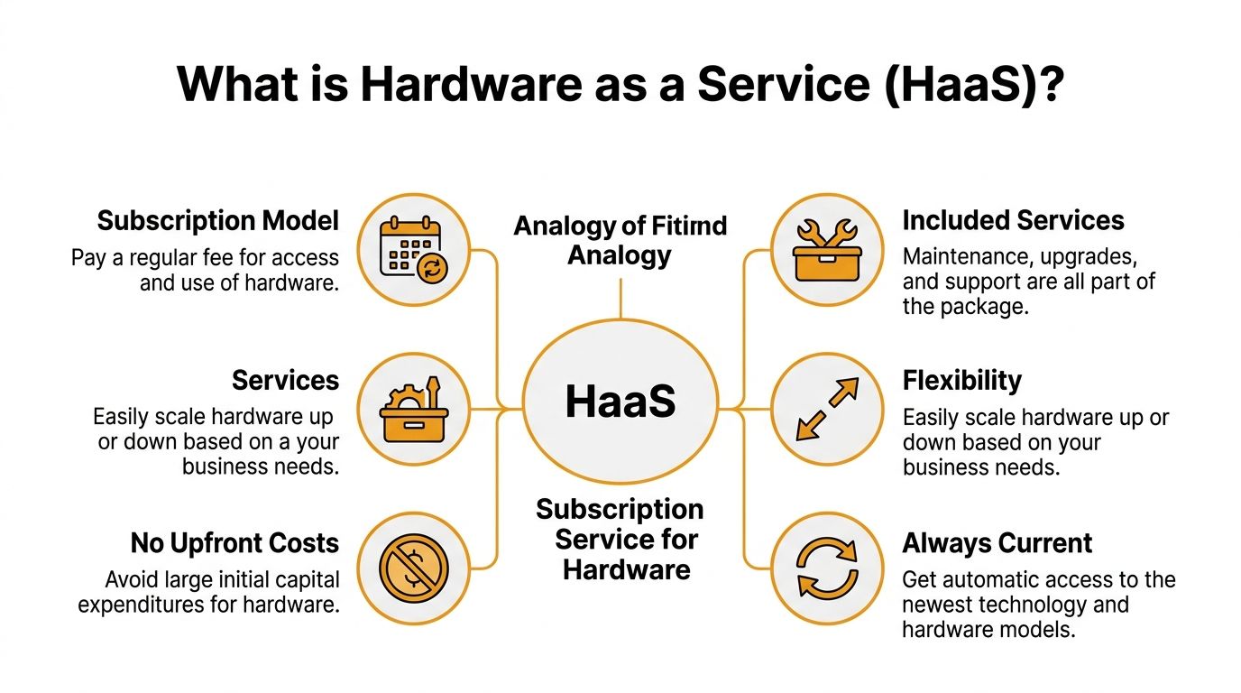 A diagram explaining Hardware as a Service with icons representing subscription, maintenance, scalability, and cost benefits.