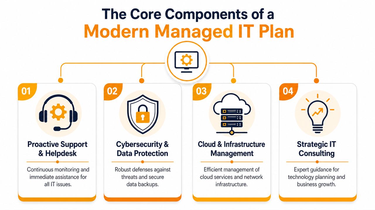 A diagram illustrating the four core components of a modern managed IT plan including support, security, cloud, and consulting.