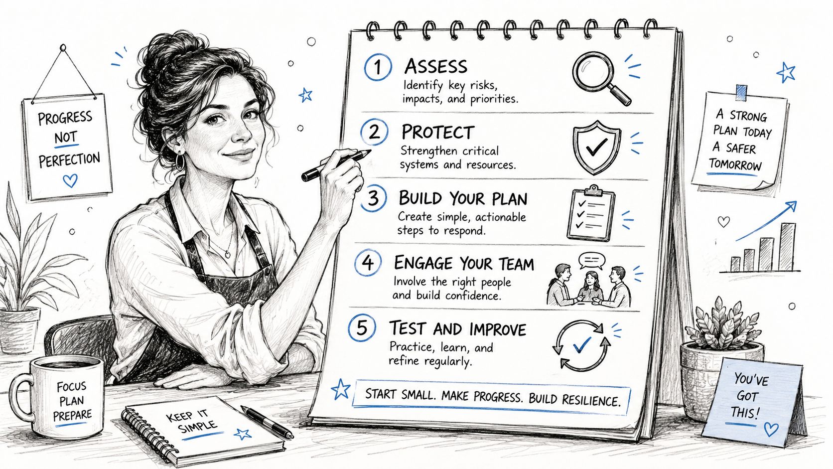 A woman sketching a five-step business continuity planning strategy on a large notepad in an office.