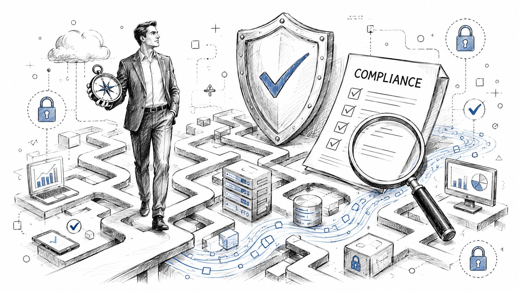A professional man navigating a digital maze with a compliance checklist, shield, and data security icons.