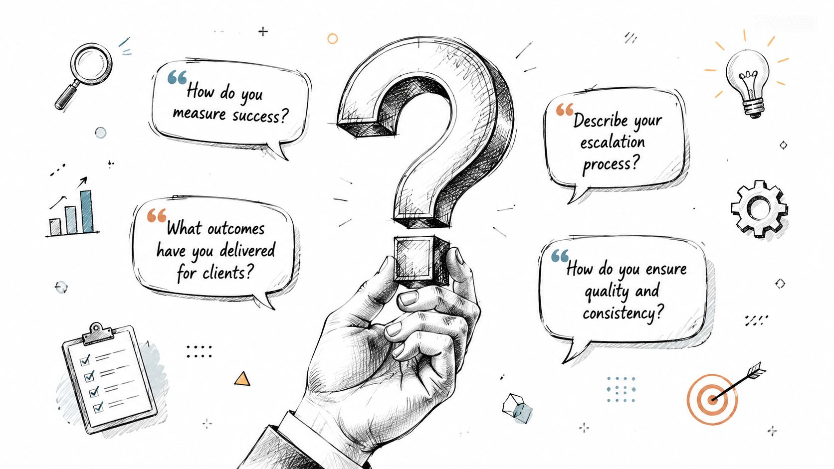 Hand drawing a question mark with speech bubbles representing business consulting interview questions.