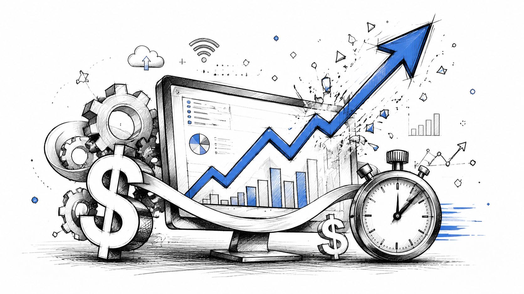 A digital illustration showing a computer monitor with upward trending charts, gears, a dollar sign, and a stopwatch.
