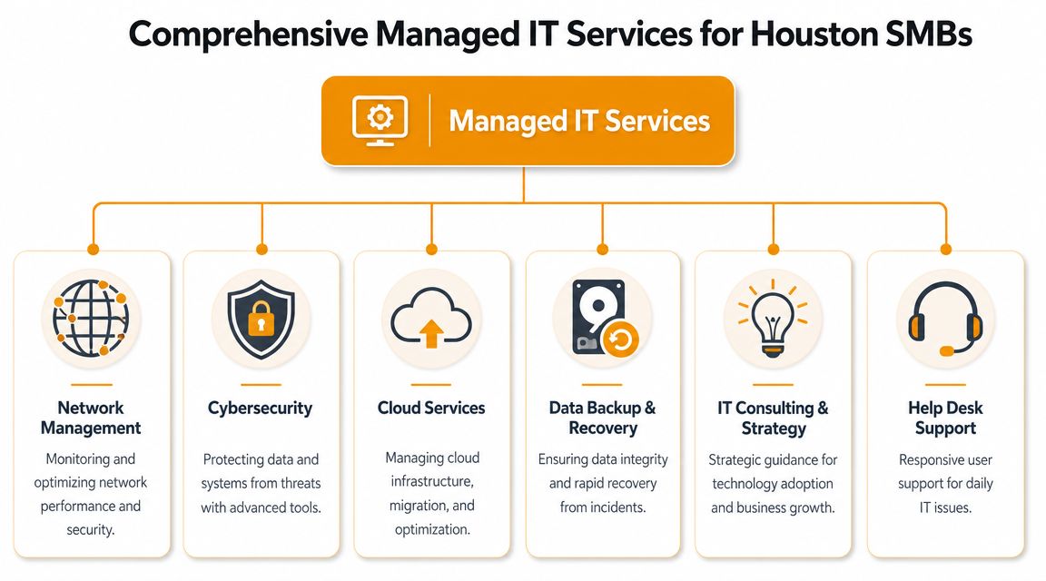 A diagram outlining six key components of comprehensive managed IT services for small businesses in Houston.