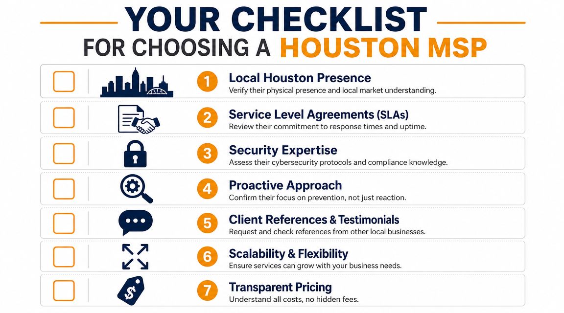 A seven-point checklist for businesses choosing an IT managed service provider in Houston, Texas.