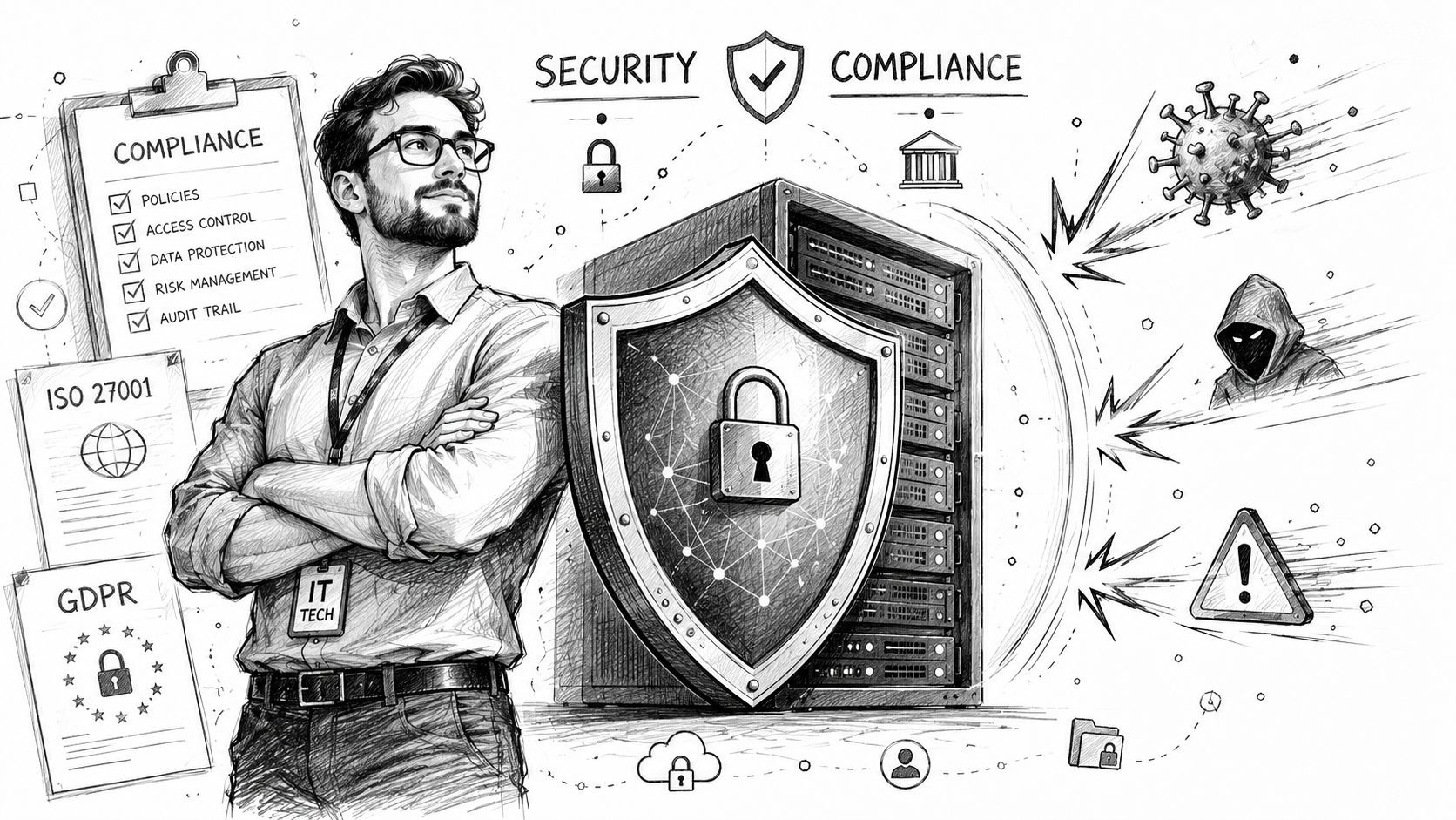 A professional IT technician standing confidently beside a secure server protected by a digital shield against cyber threats.
