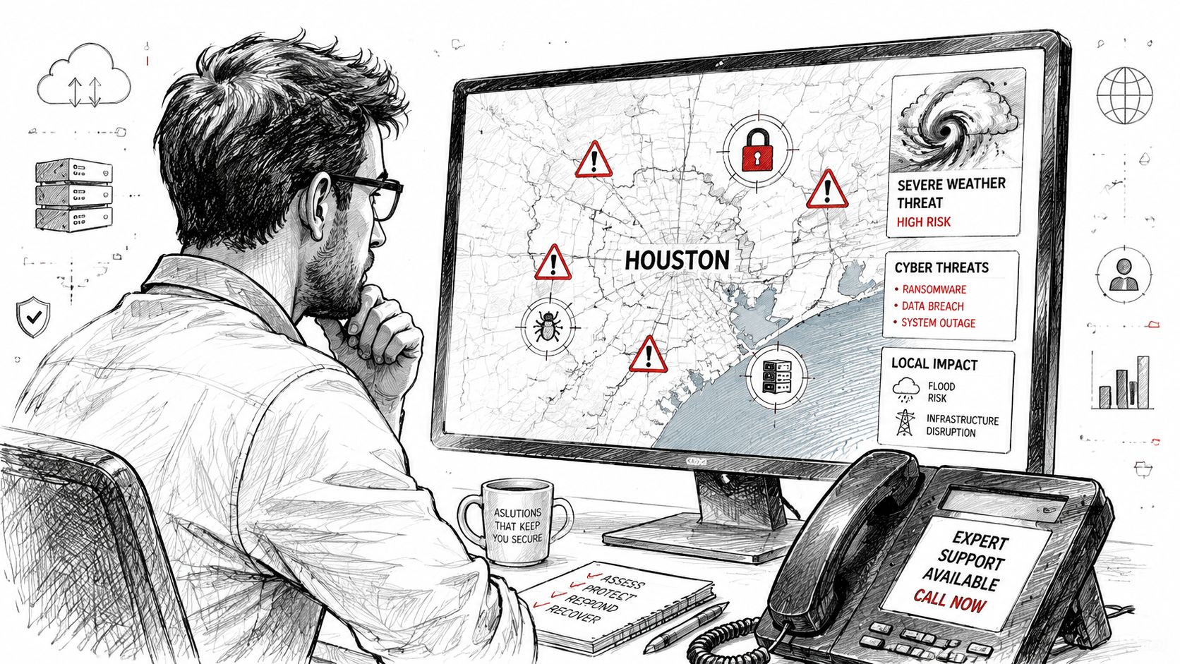 A professional analyzing IT security risks and severe weather threats on a computer screen in Houston.