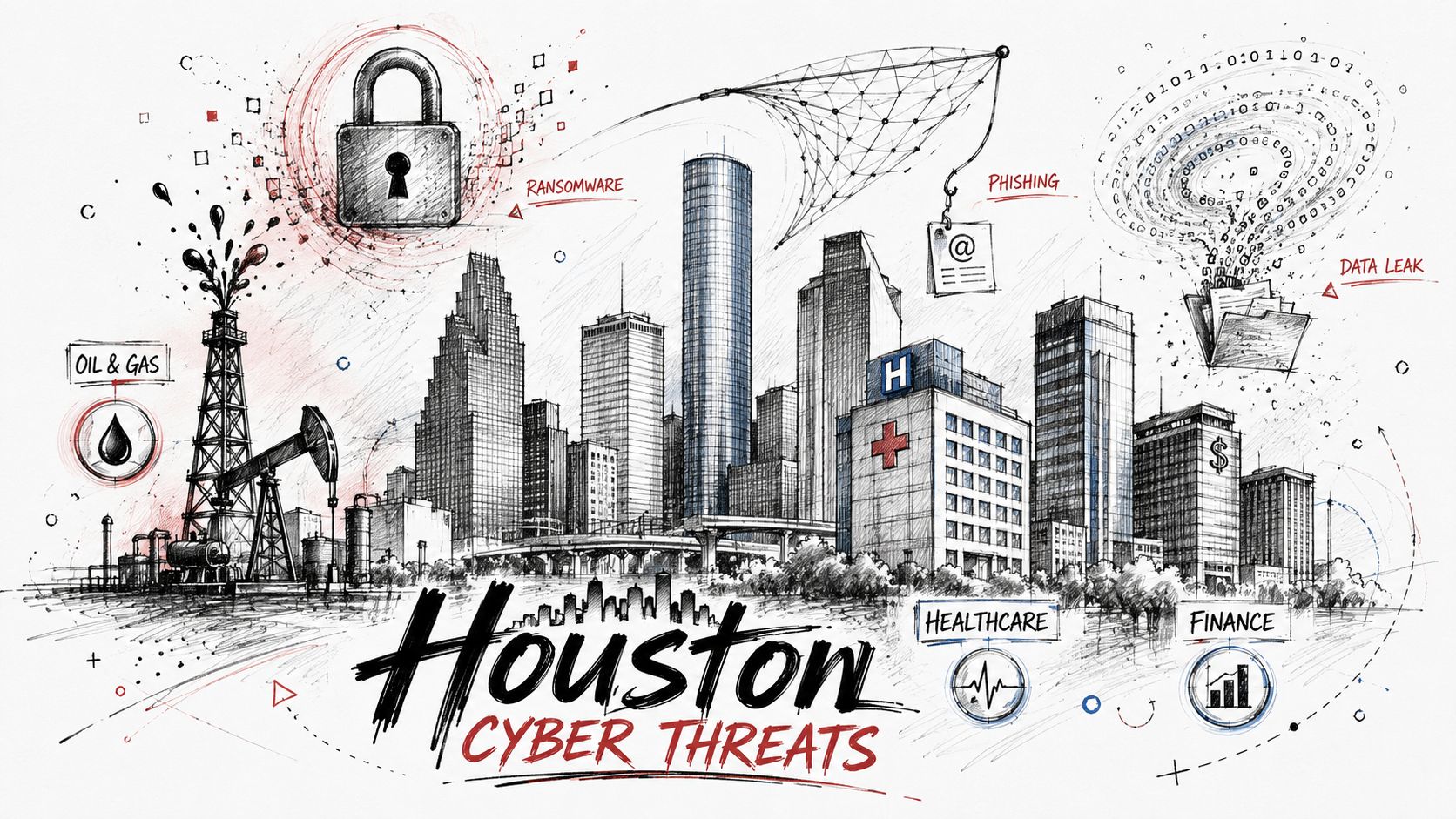 A digital illustration depicting cybersecurity threats to Houston, featuring industries like oil, gas, healthcare, and finance.