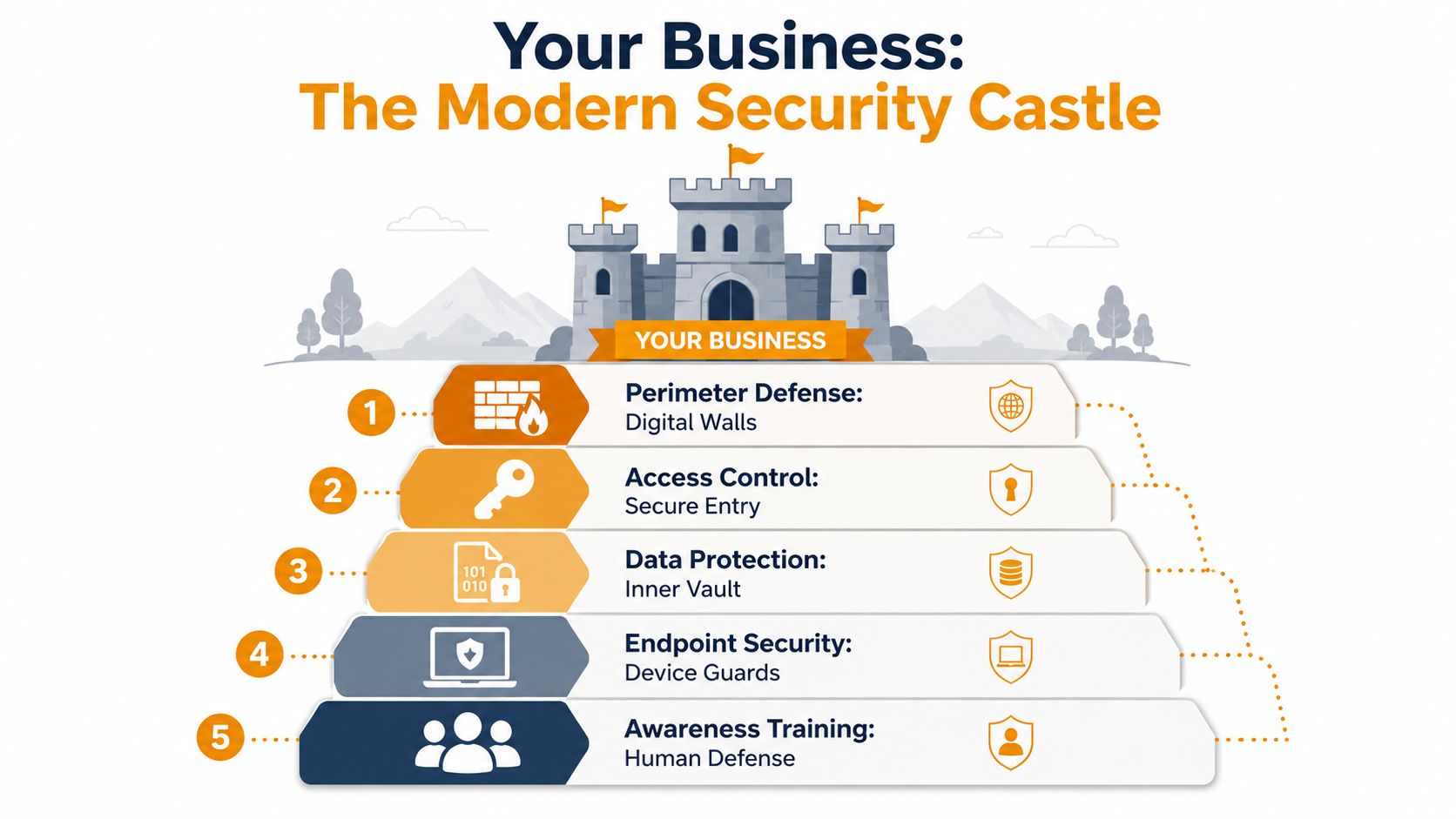A pyramid diagram showing five layers of IT business security, titled The Modern Security Castle.
