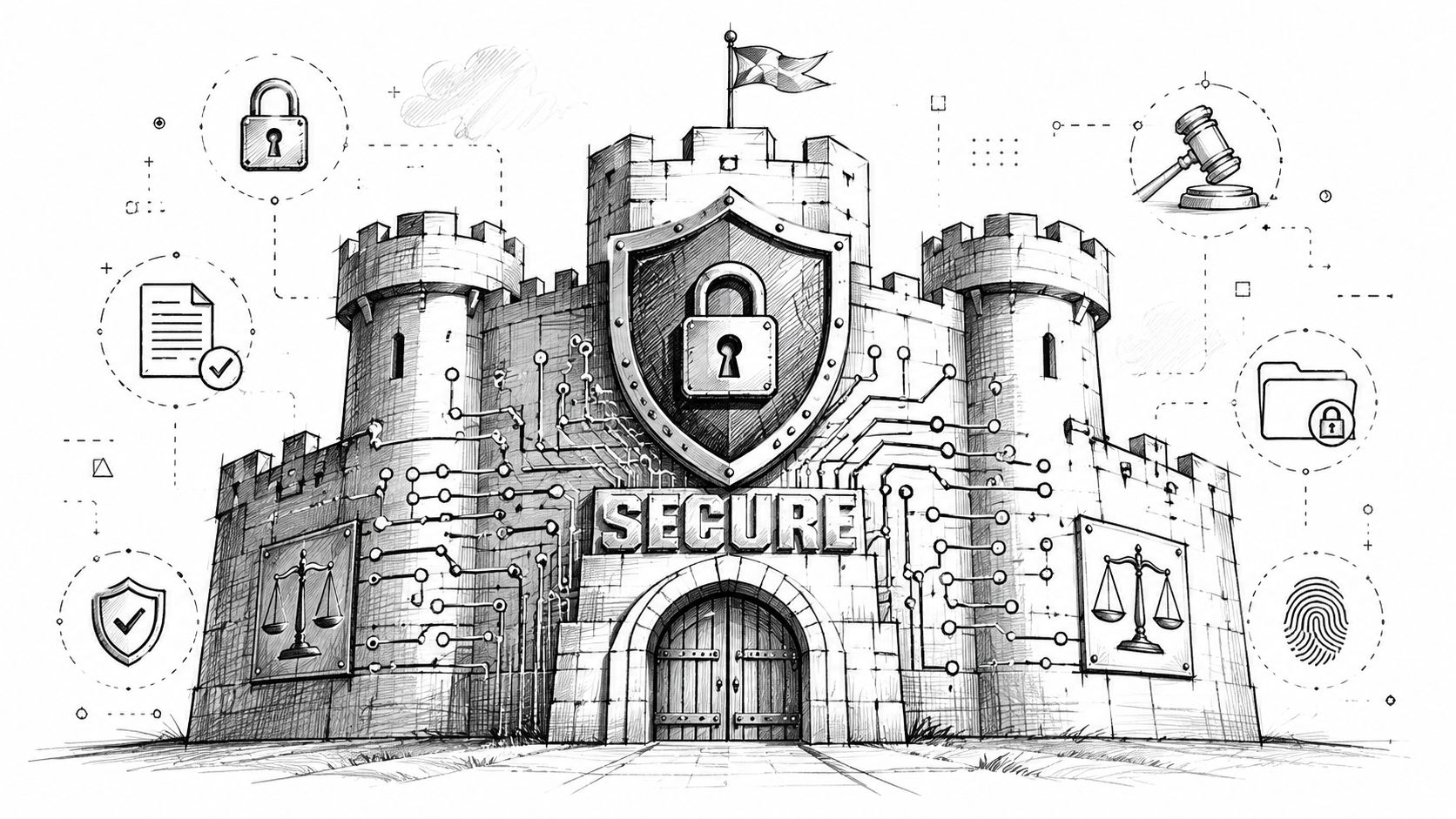 A line art illustration of a digital fortress labeled secure with legal and cybersecurity icons surrounding it.