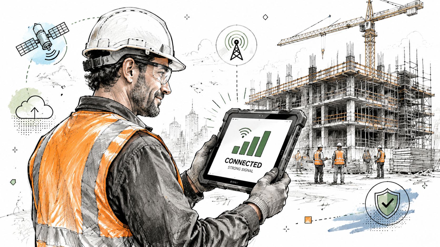 A construction worker in safety gear checks a tablet displaying a strong connection at a building site.