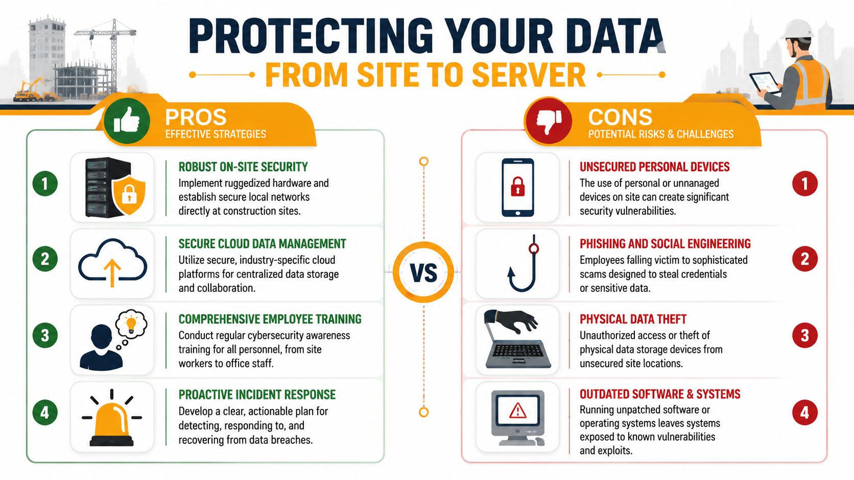 An infographic comparing effective data security strategies and potential cybersecurity risks for construction industry digital systems.