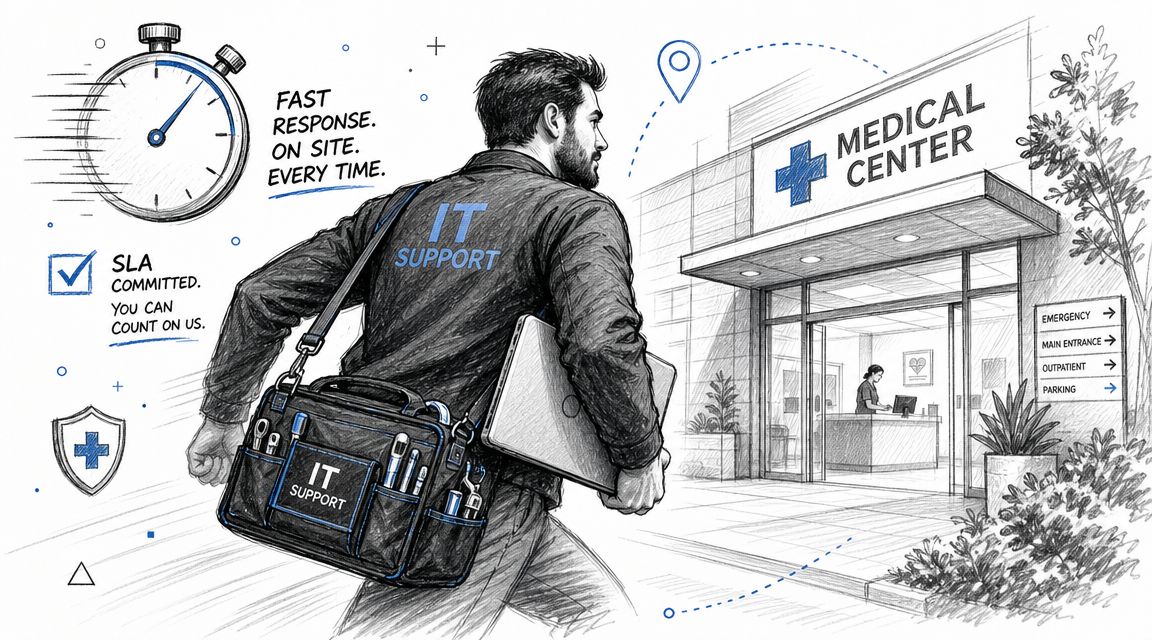 A professional IT support technician walking toward a medical center building with a laptop bag.