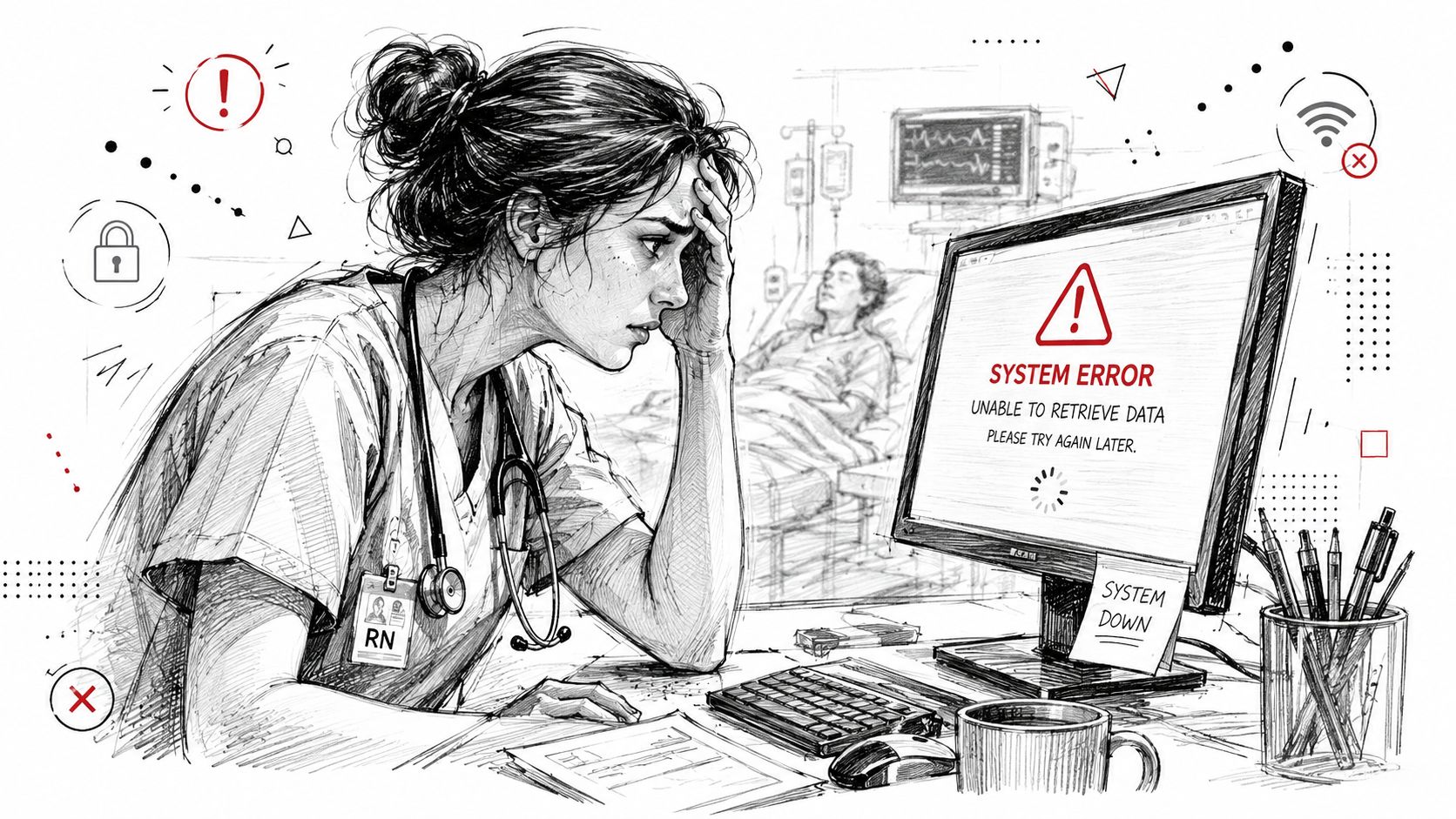 Stressed nurse sitting at a desk in a hospital while looking at a computer system error message.